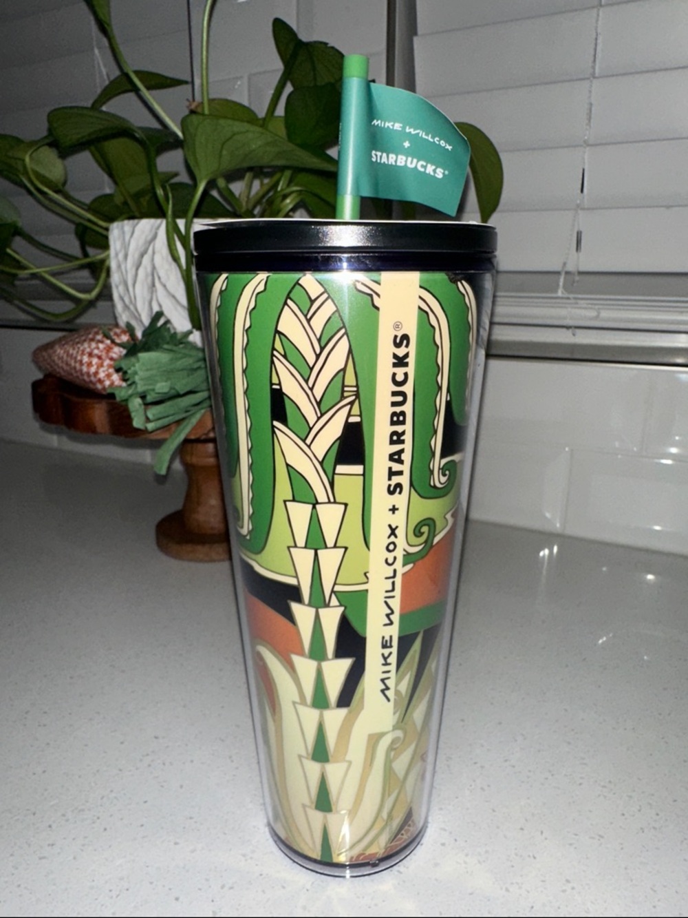 Starbucks Green and Cream Graphic Tumbler with Green Straw